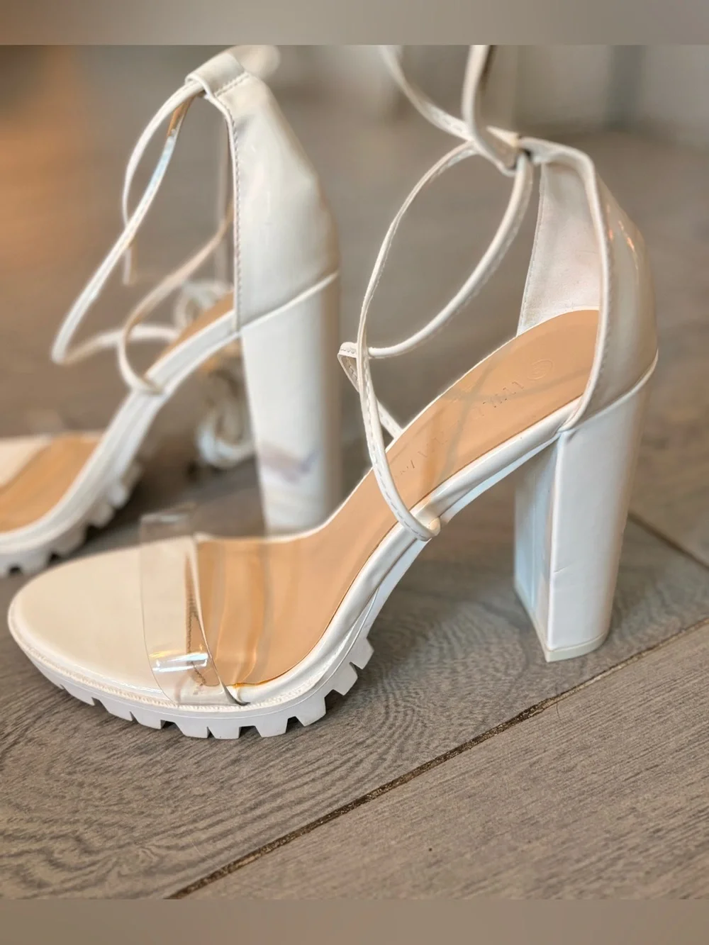 Sexy White Lace-Up Clear Strap Block Heel Sandals - Women Size 8